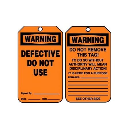 Accuform Safety Tags, WARNING DEFECTIVE DO NOT USE, 5.75in x 3.25in, RP-Plastic, 25PK MDT303PTP